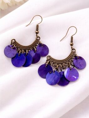 Purple Disc Dangle Earrings with Antiqued Brass Accents
